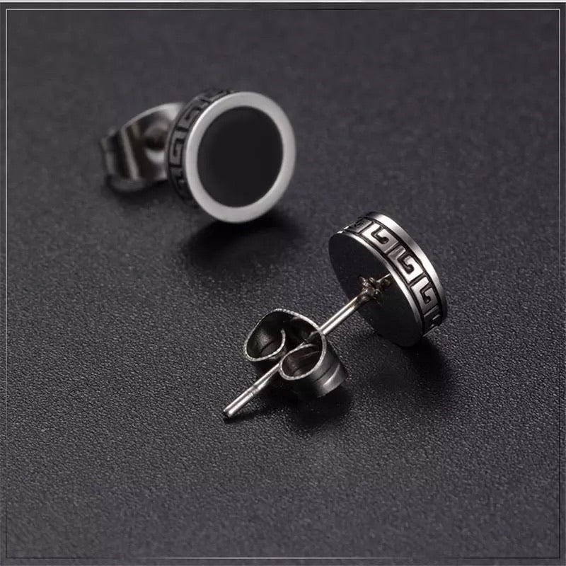Sterling Silver Oynx Stud Earrings With Greek Design