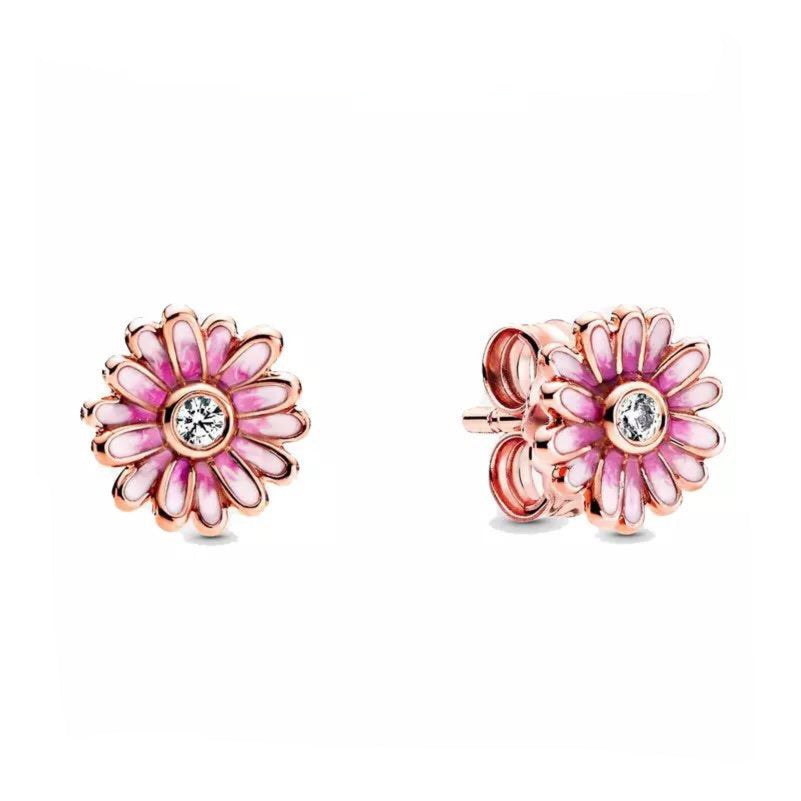 925 Sterling Silver 9ct Rose Gold CZ Crystal Pink Daisy Flower Stud Earrings