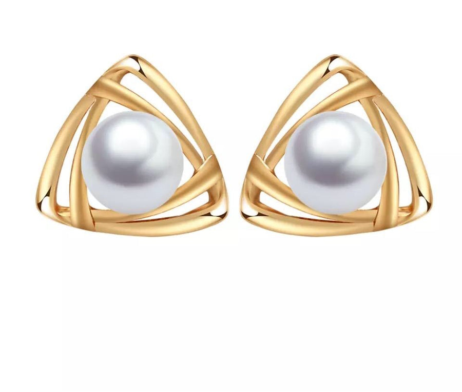 Gold Triangle Pearl Clip On Earrings