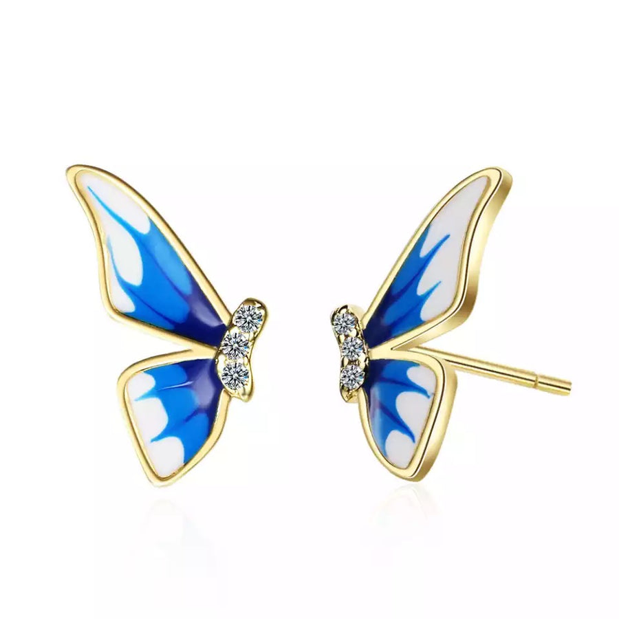 Sterling Silver Blue Butterfly CZ Stud Earrings