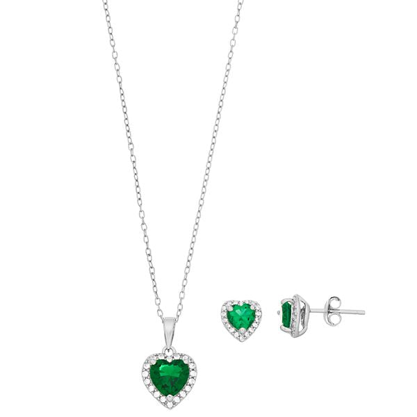 925 Sterling Silver Green Emerald Heart Jewellery Set