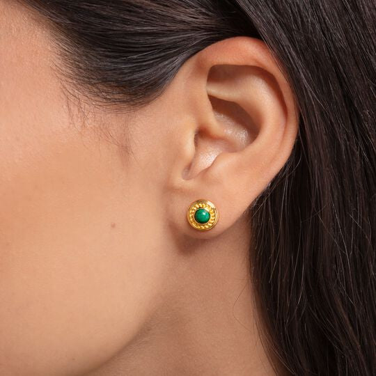 925 Sterling Silver Gold Plated Green Malachite Round Stud Earrings