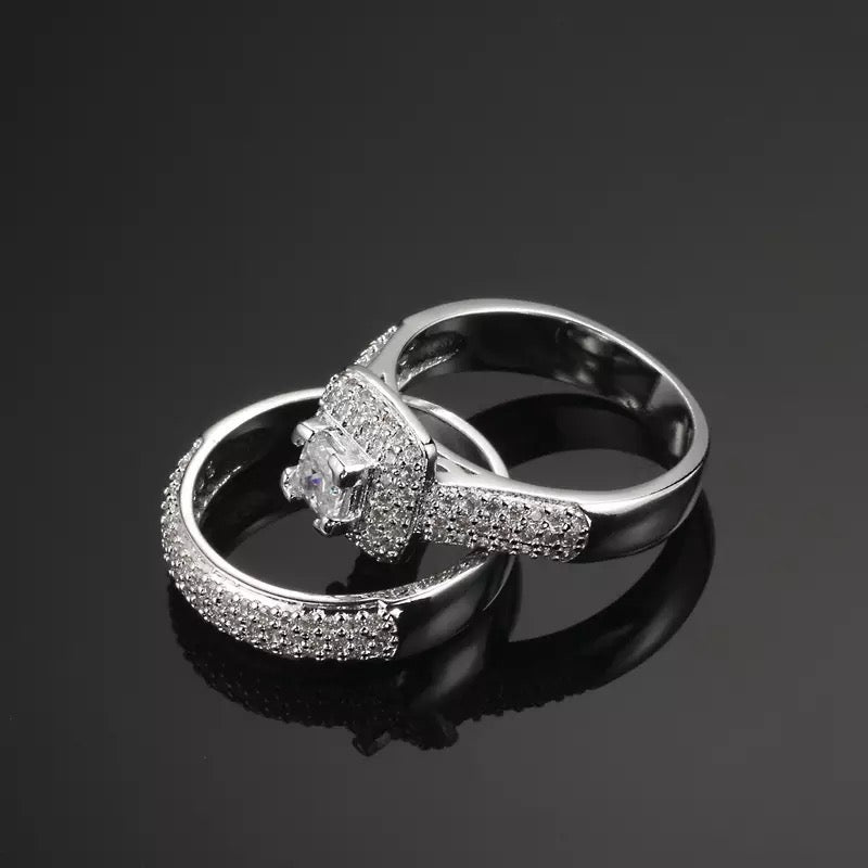 S925 Sterling Silver CZ Crystal Engagement Ring Duo