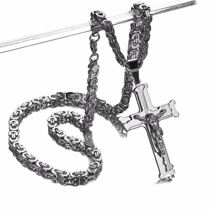 Men's Silver Jesus Cross Pendant Necklace  6MM