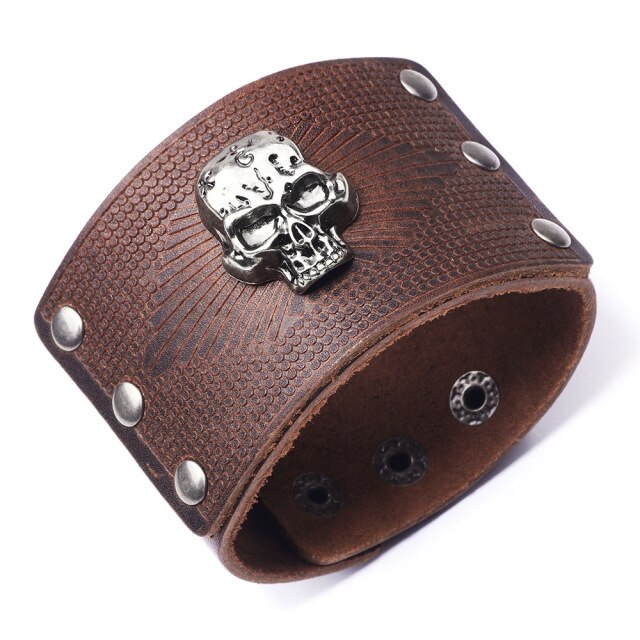 Men's Wide Leather Skull Head Bracelet