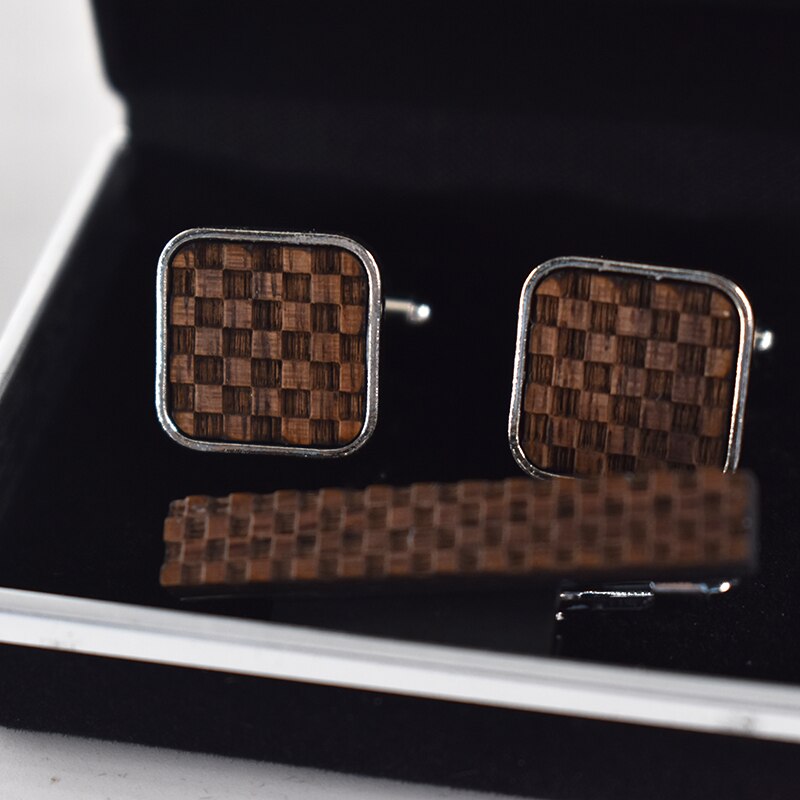 Men's Brown Chequered Cufflinks & Tie clip  Set