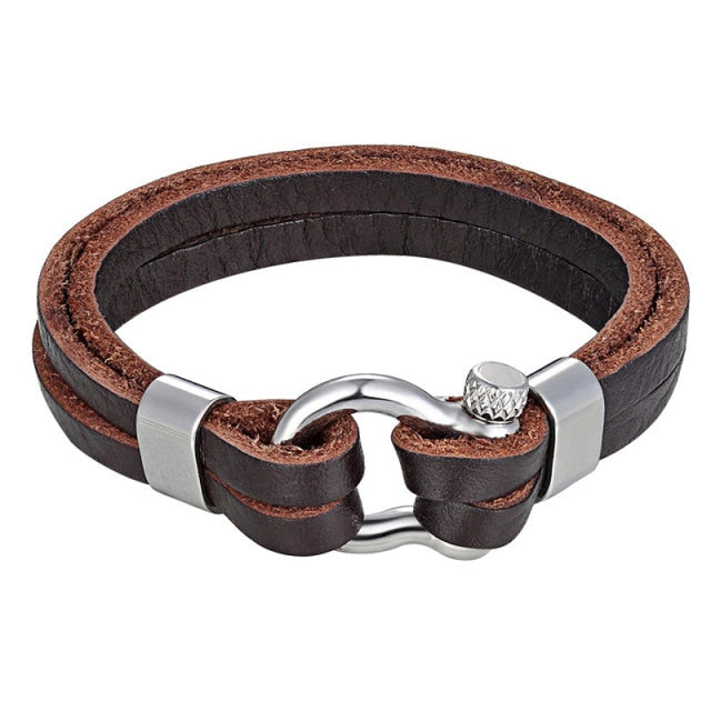 Men's Braided Leather Anchor Hook Nautical Bracelet