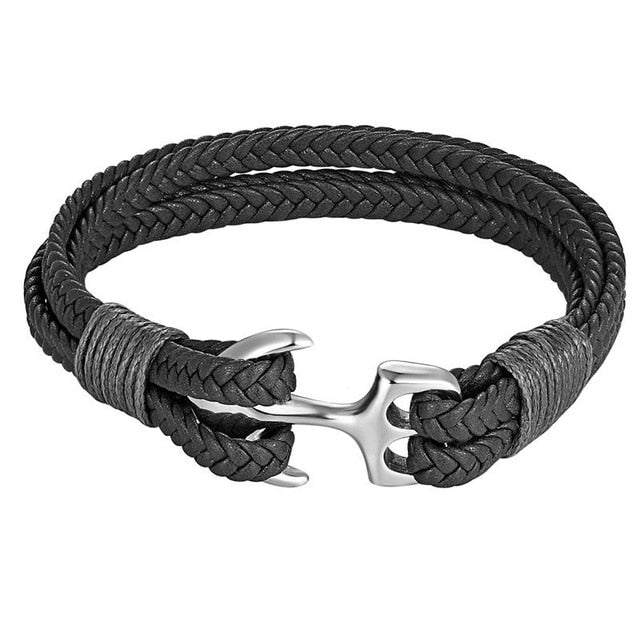 Men's Braided Leather Anchor Hook Nautical Bracelet