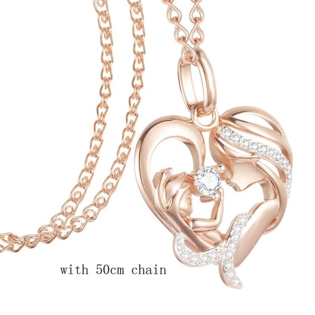 Rose Gold Mother & Baby Cubic Crystal Heart Necklace