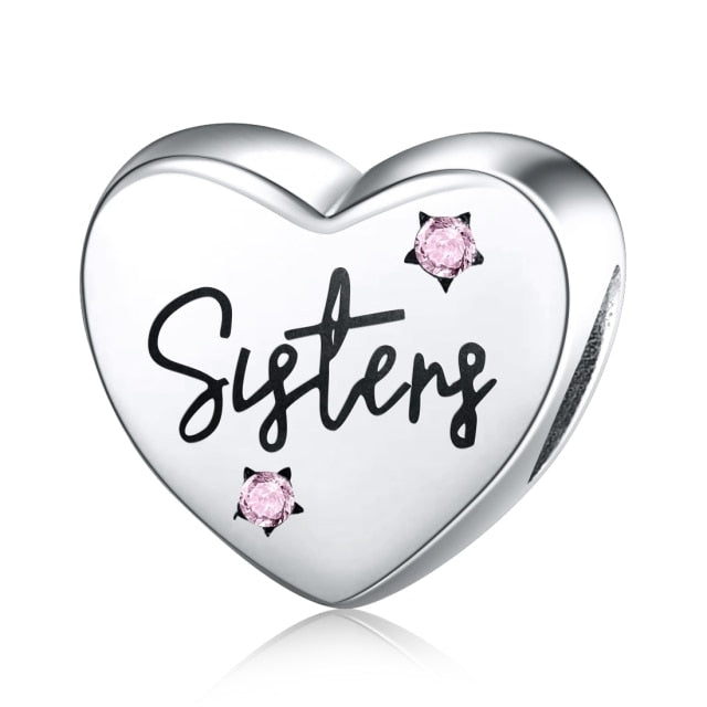 925 Sterling Silver Sisters Pink Crystal Heart Charm