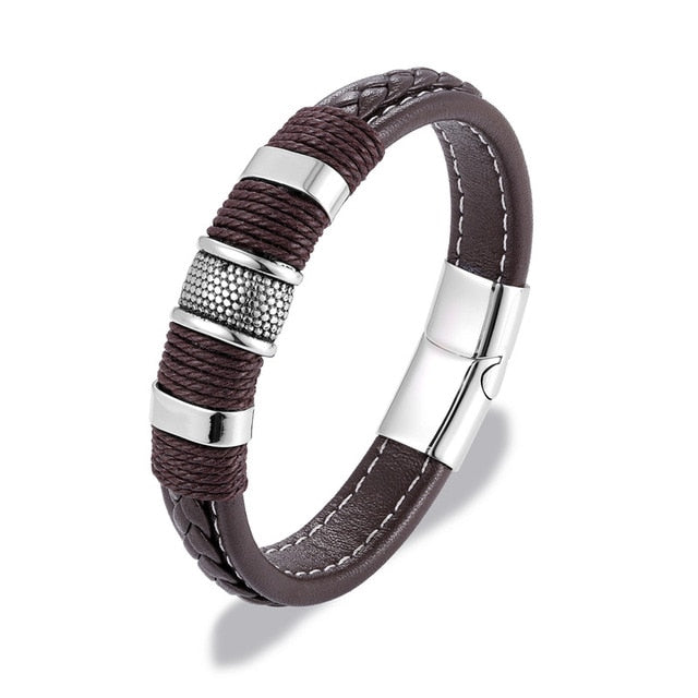 Multilayer Braided Leather Bracelet With Titanium Steel Fastening