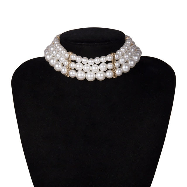 Women’s Simulated Pearl Choker Multilayered Statement Necklace Collection