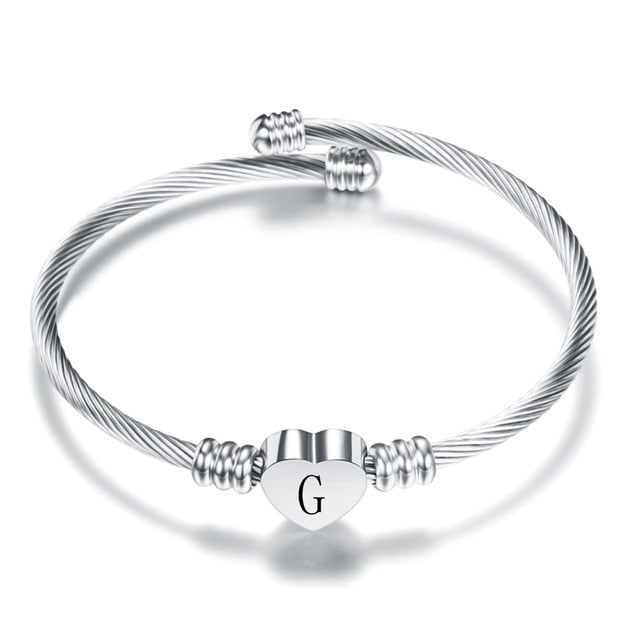 Silver Stainless Steel A-Z Initial Heart Bangle