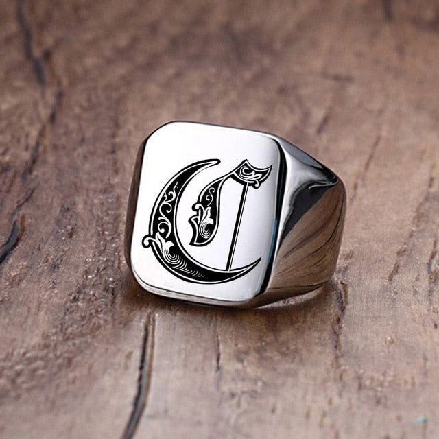 Silver Initial Signet Ring for Men 18mm