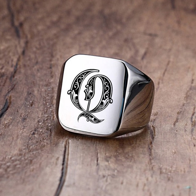 Silver Initial Signet Ring for Men 18mm