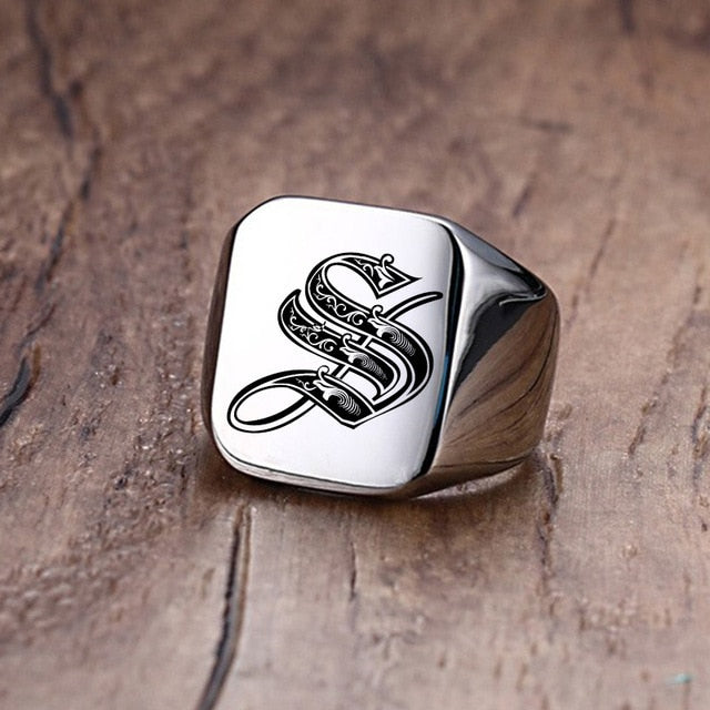 Silver Initial Signet Ring for Men 18mm