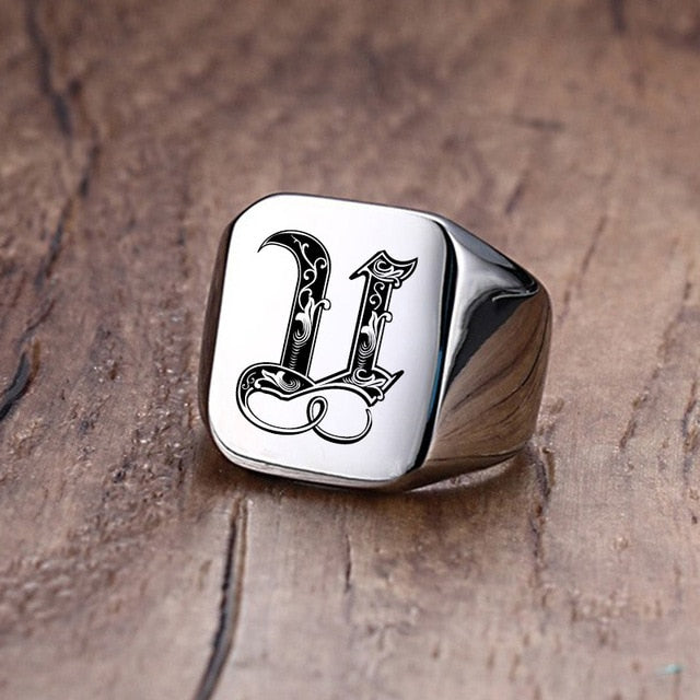 Silver Initial Signet Ring for Men 18mm