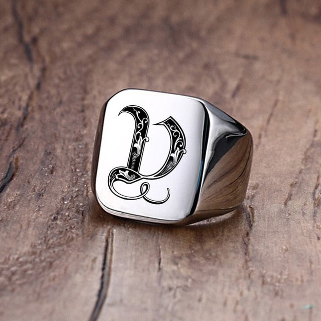 Silver Initial Signet Ring for Men 18mm