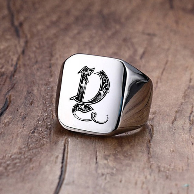 Silver Initial Signet Ring for Men 18mm