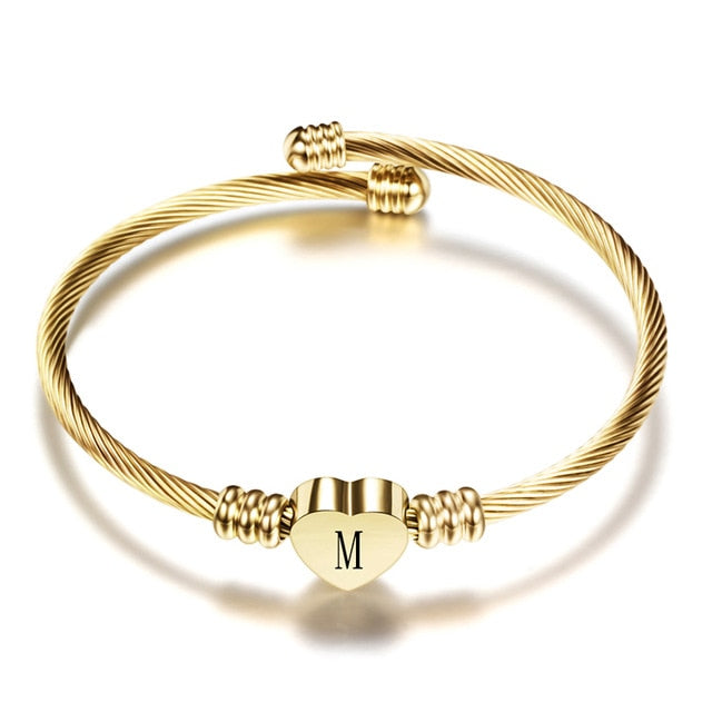 Gold Stainless Steel A-Z Initial Heart Bangle