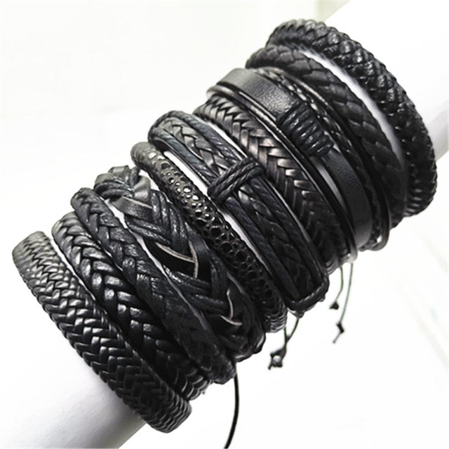 10 Piece Set Black Wrap Woven Handmade Men Leather Bracelet Collection