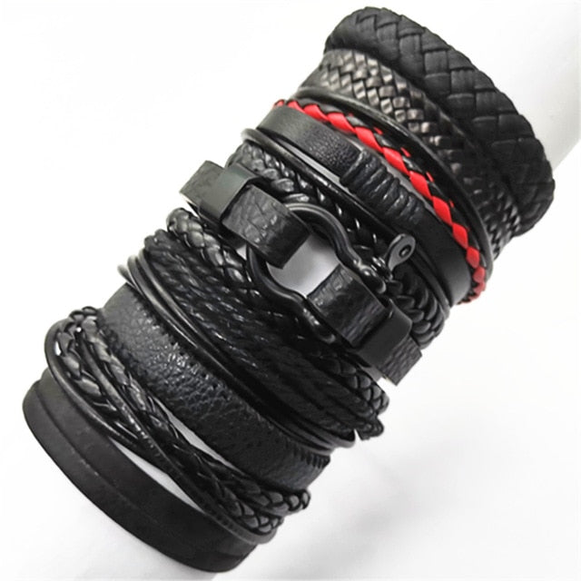 10 Piece Set Black Wrap Woven Handmade Men Leather Bracelet Collection