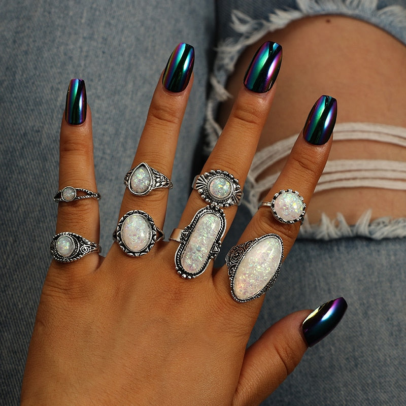Antique Silver Opal Ring Set