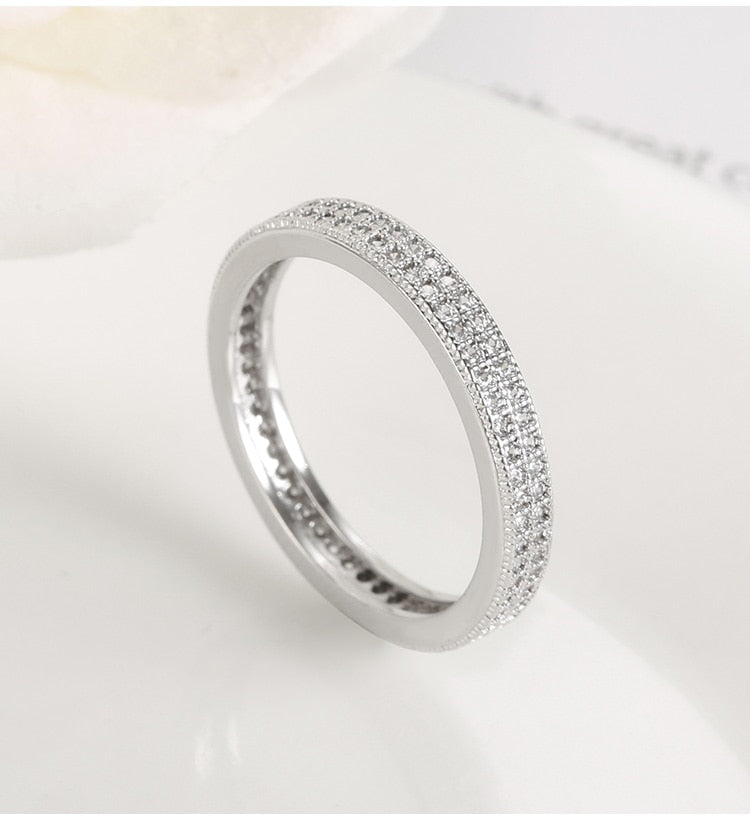 Double Row Crystal  Silver Ladies Ring