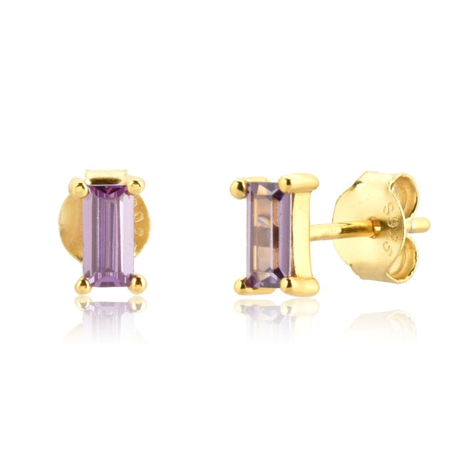 Sterling Silver 9ct Gold Plated Square Gemstone Stud Earrings