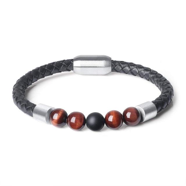 Black Leather Chakra Stone Bead Bracelet