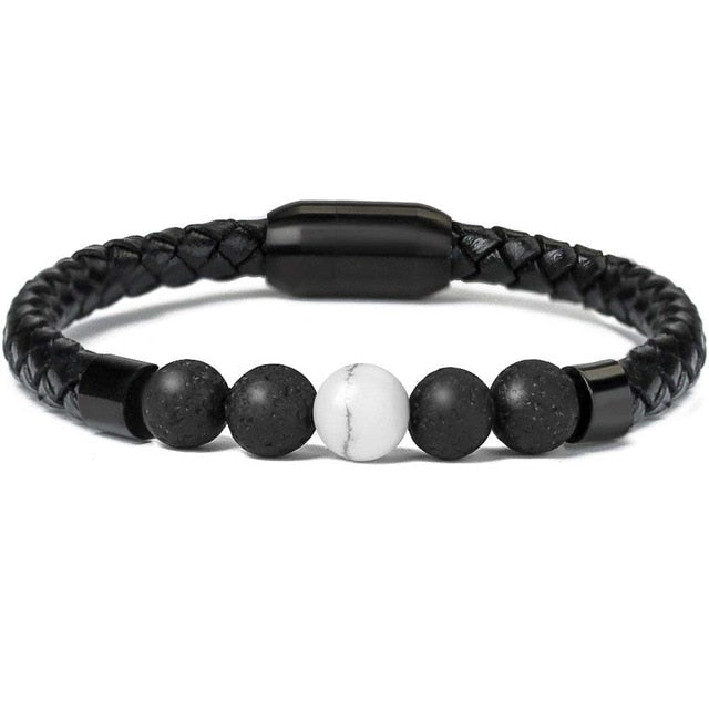 Black Leather Chakra Stone Bead Bracelet