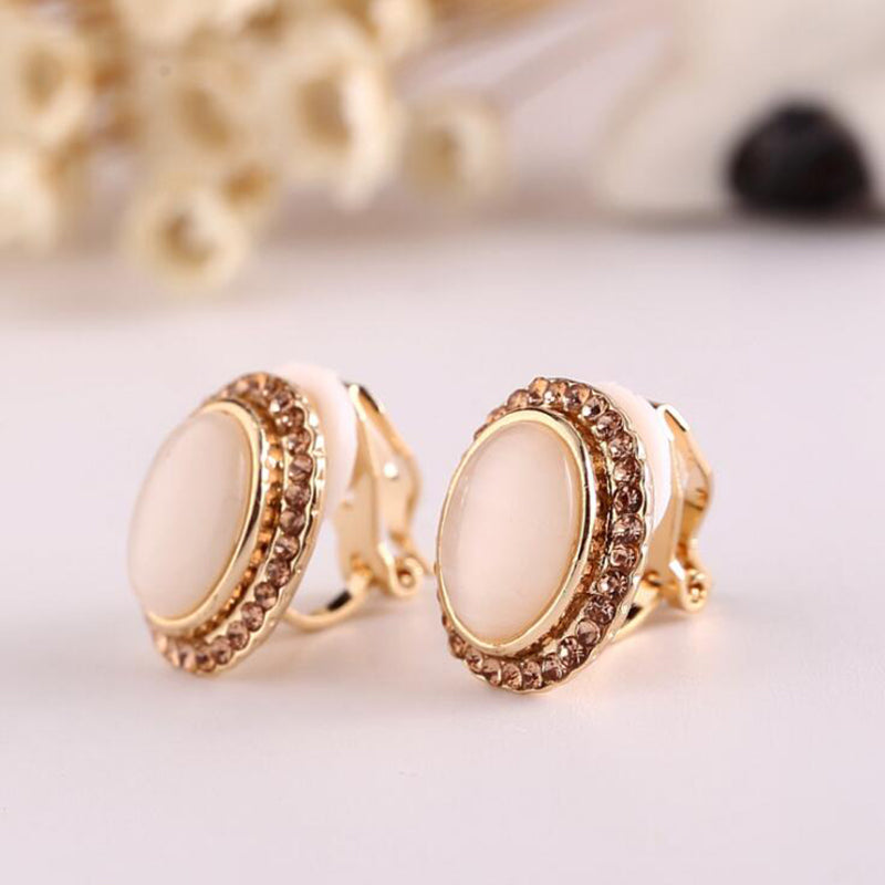 Gold Tone Opal Stone Clip On Earrings