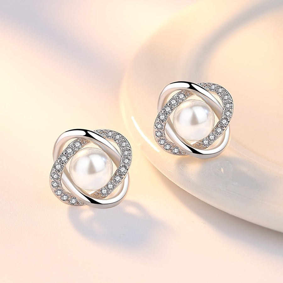 Sterling Silver Flower Pearl Stud Earrings