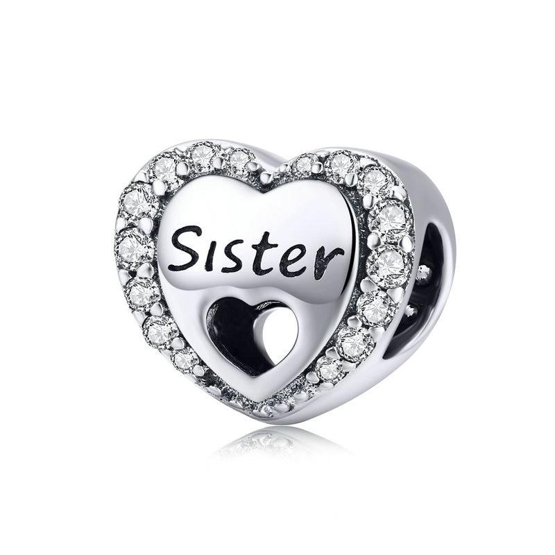 925 Sterling Silver Crystal Heart Sister Charm