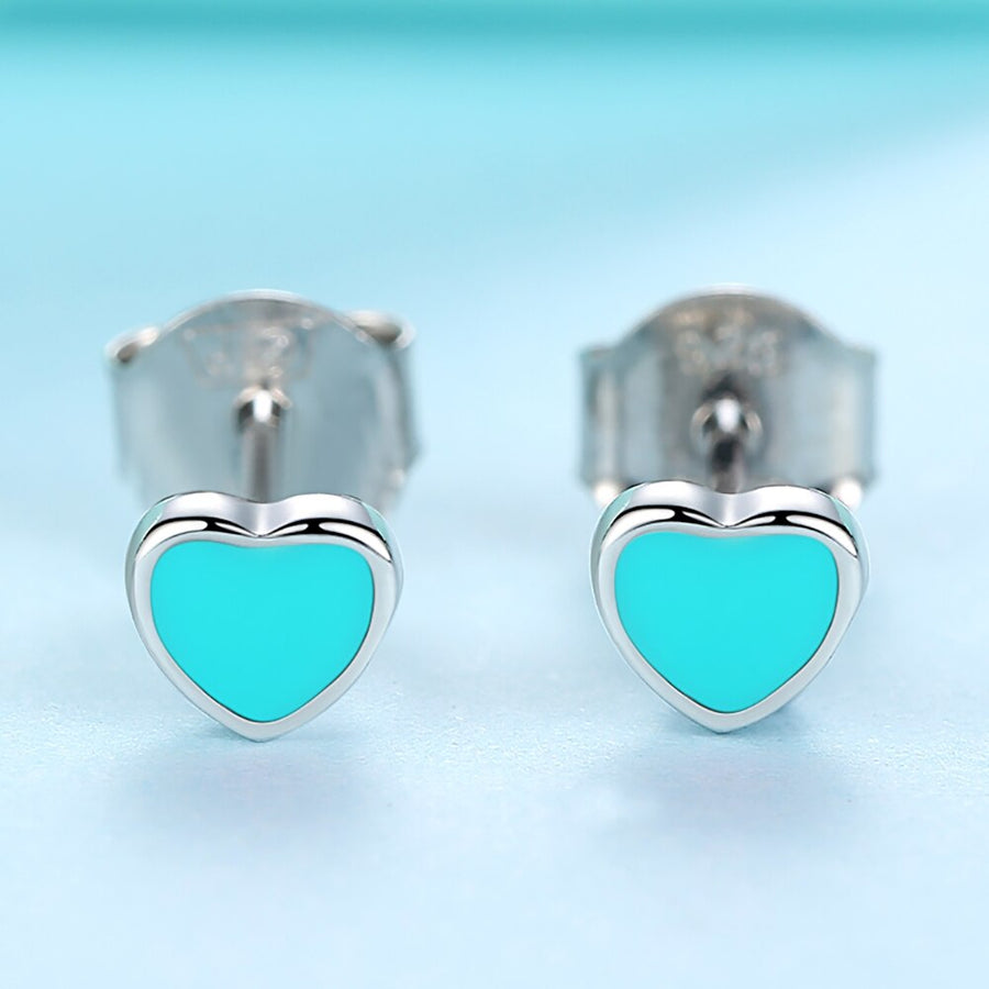 Sterling Silver Blue and Pink Enamel Heart Stud Earrings