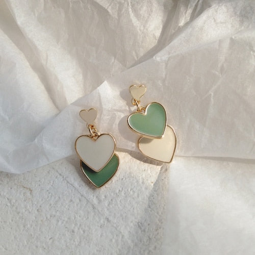 Green & White Double Heart Drop Earrings