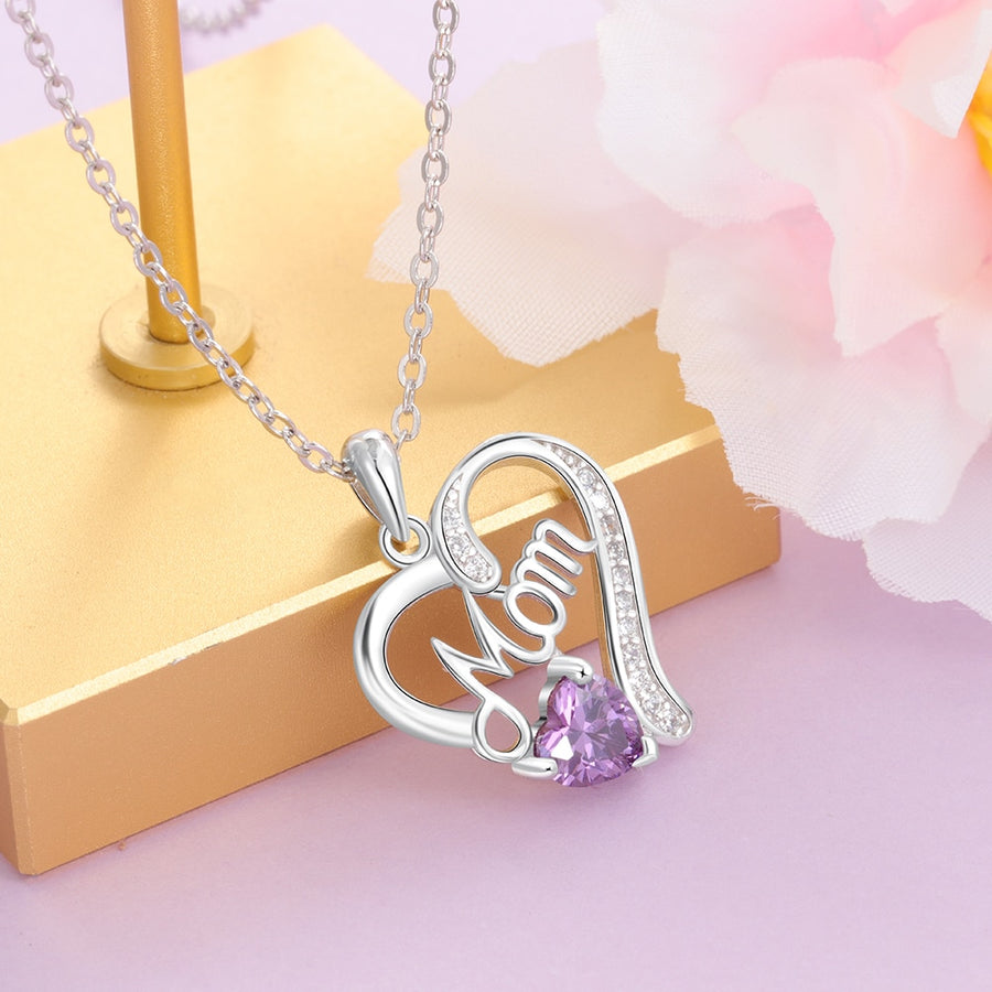Silver Heart 'Mom' Birthstone Necklace