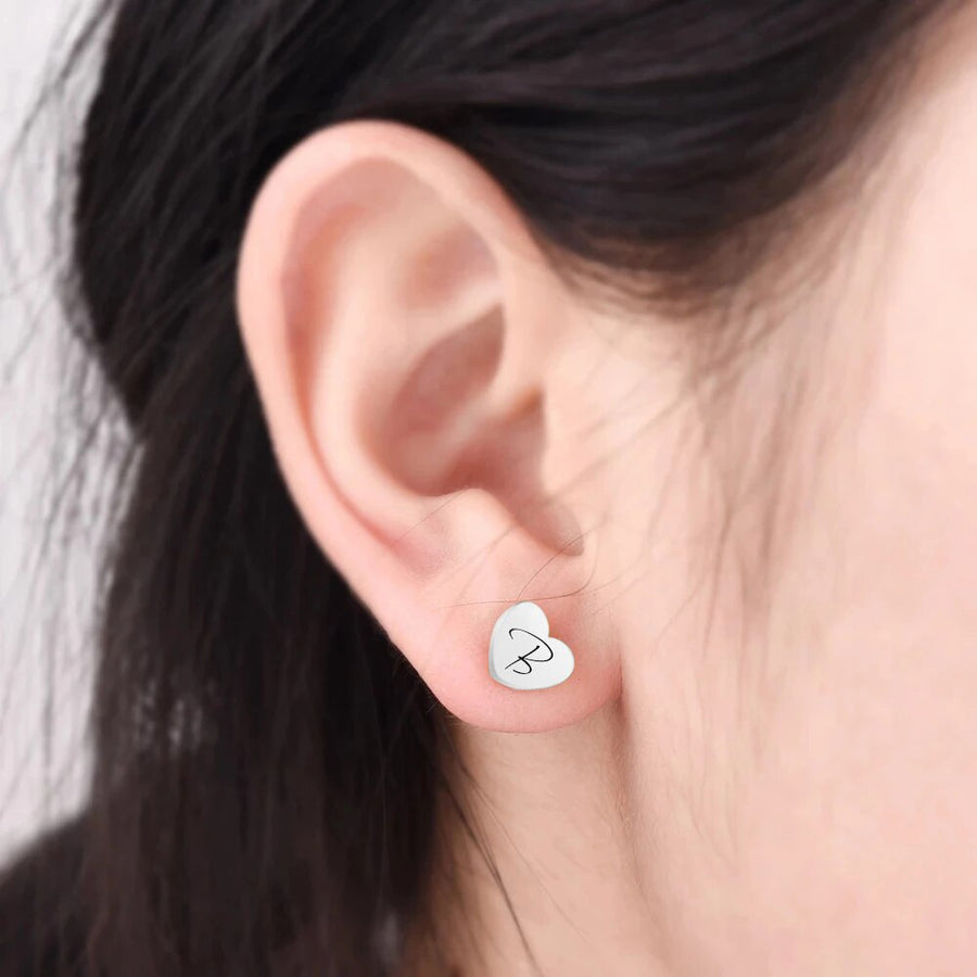 Silver Stainless Steel Heart Initial Stud Earrings