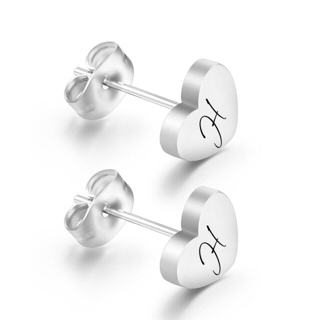 Silver Stainless Steel Heart Initial Stud Earrings