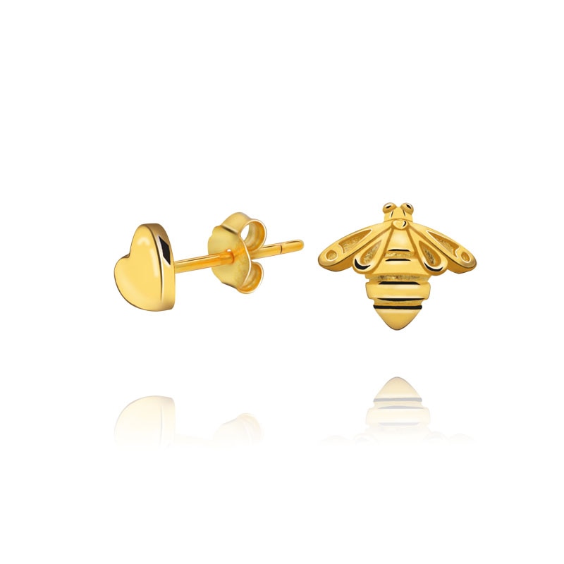 925 Sterling Silver 18ct Gold Plated Bee and Heart Stud Earrings