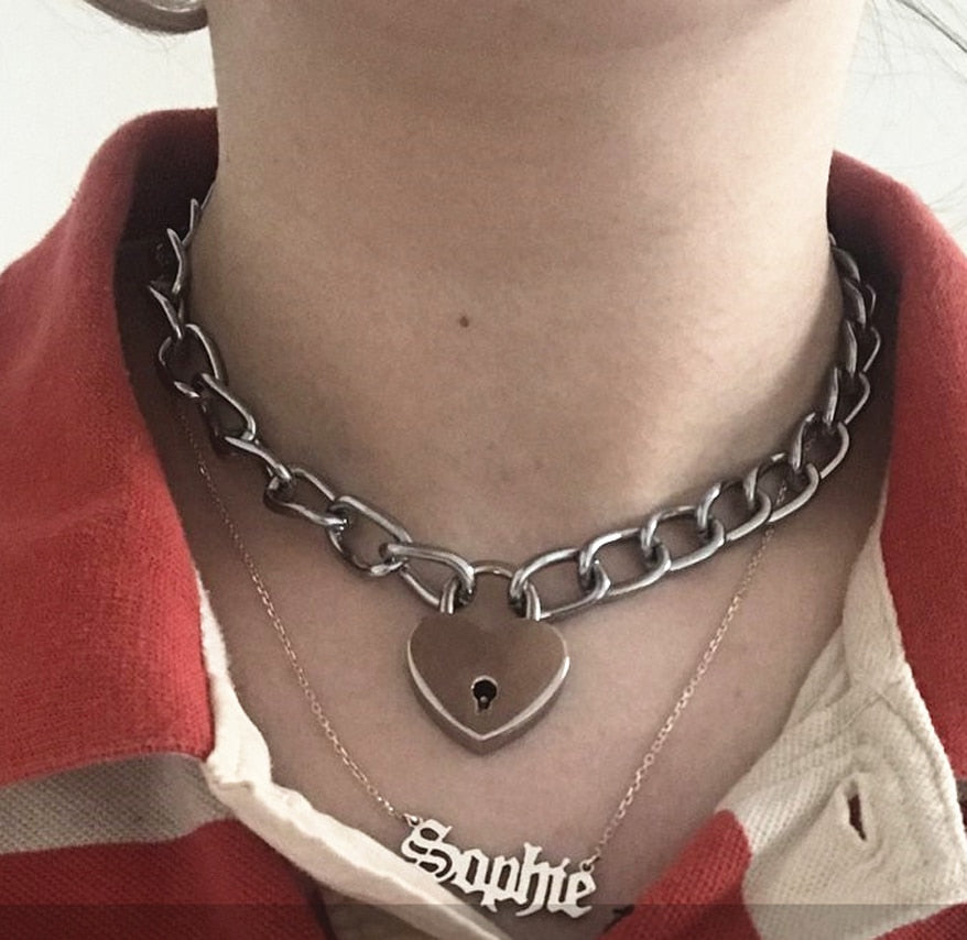 Heart Shape Lock & key Silver Choker Necklace