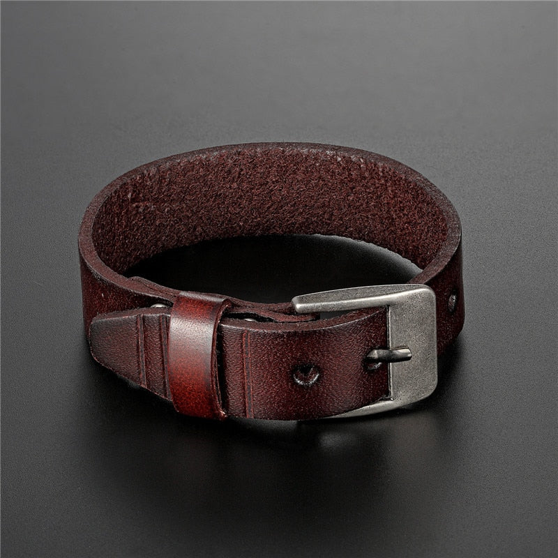 Men's Genuine Leather Adjustable Belt Buckle Bracelet