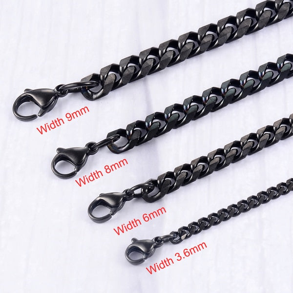 Men's Black Curb Chain Waterproof Necklace 3mm - 9mm