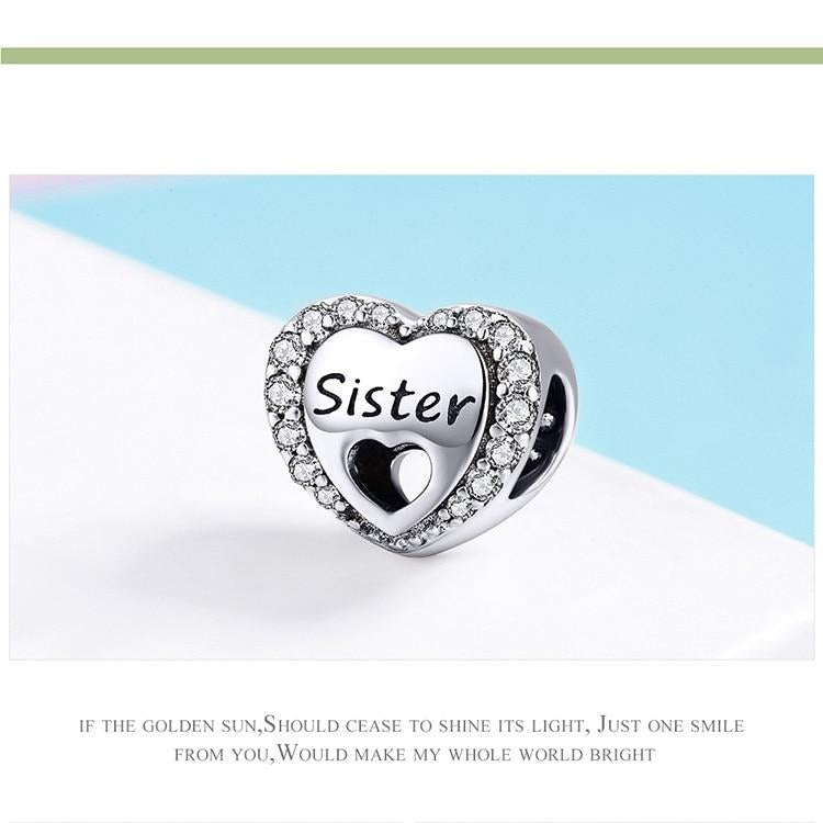 925 Sterling Silver Crystal Heart Sister Charm