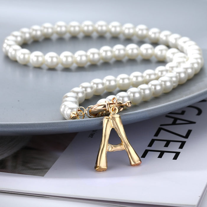Women's Pearl Necklace With Gold  Alphabet Initial Pendant