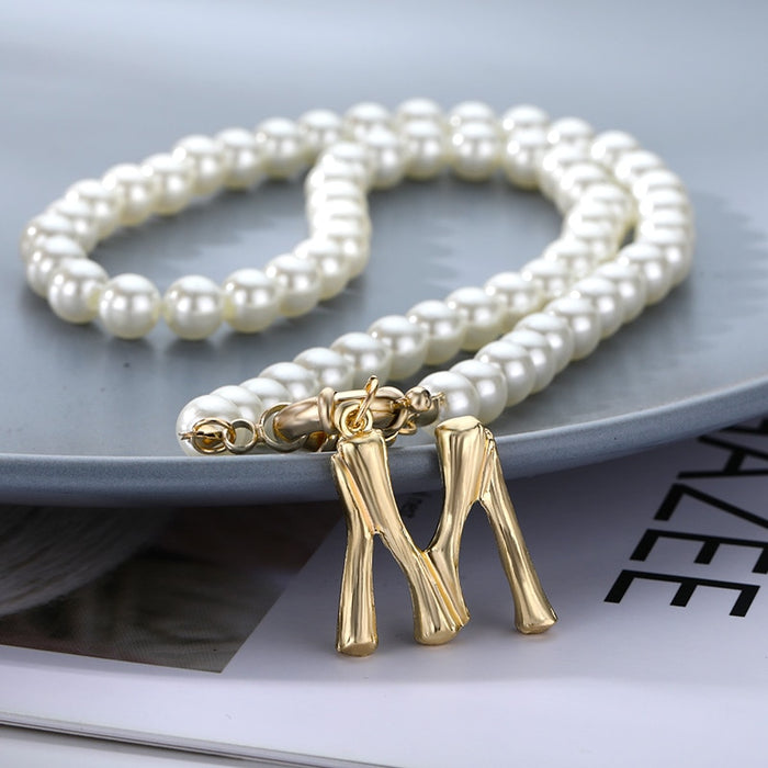Women's Pearl Necklace With Gold  Alphabet Initial Pendant