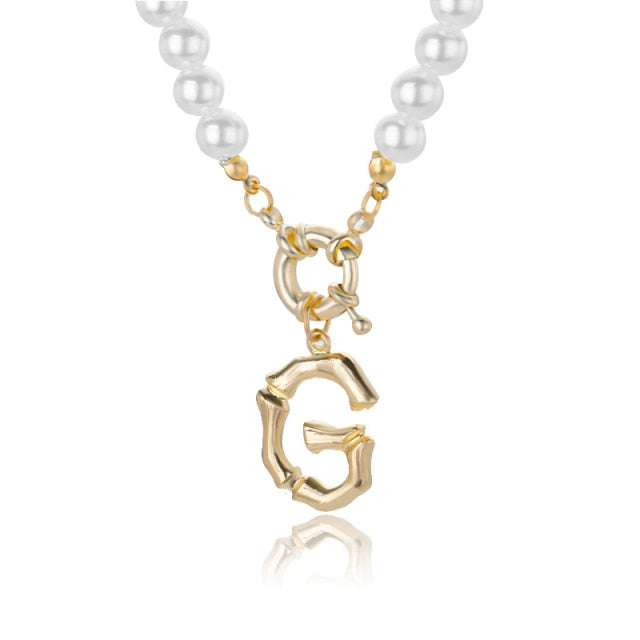 Women's Pearl Necklace With Gold  Alphabet Initial Pendant