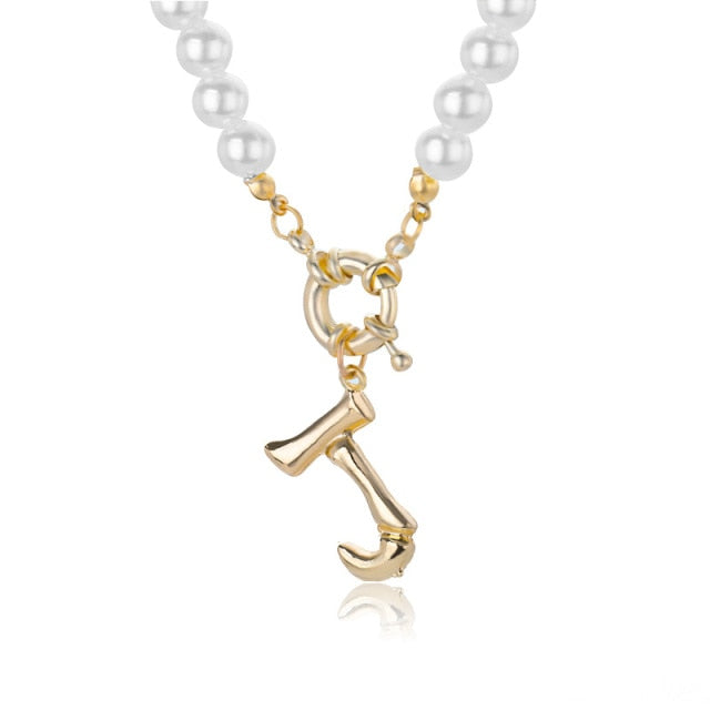 Women's Pearl Necklace With Gold  Alphabet Initial Pendant