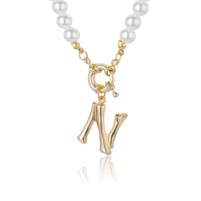 Women's Pearl Necklace With Gold  Alphabet Initial Pendant