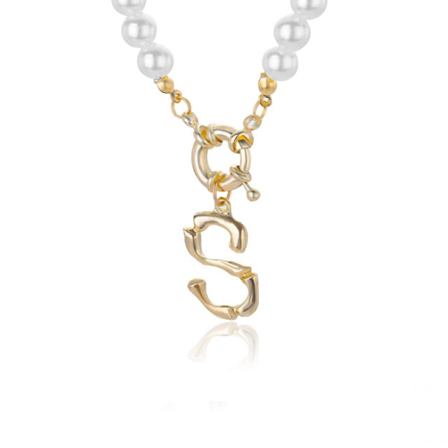 Women's Pearl Necklace With Gold  Alphabet Initial Pendant